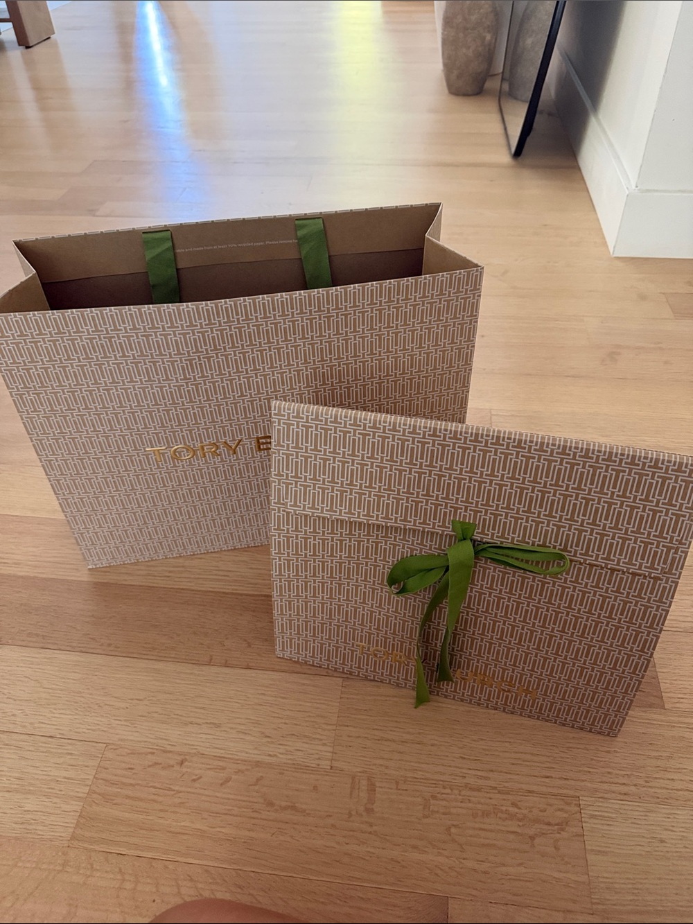 Tory Burch Beige Gift Bag and Box with Green Ribbon